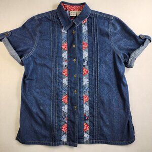Vintage Koret Women Size Medium Denim Blouse Tab Sleeve Western Cowgirl Rodeo